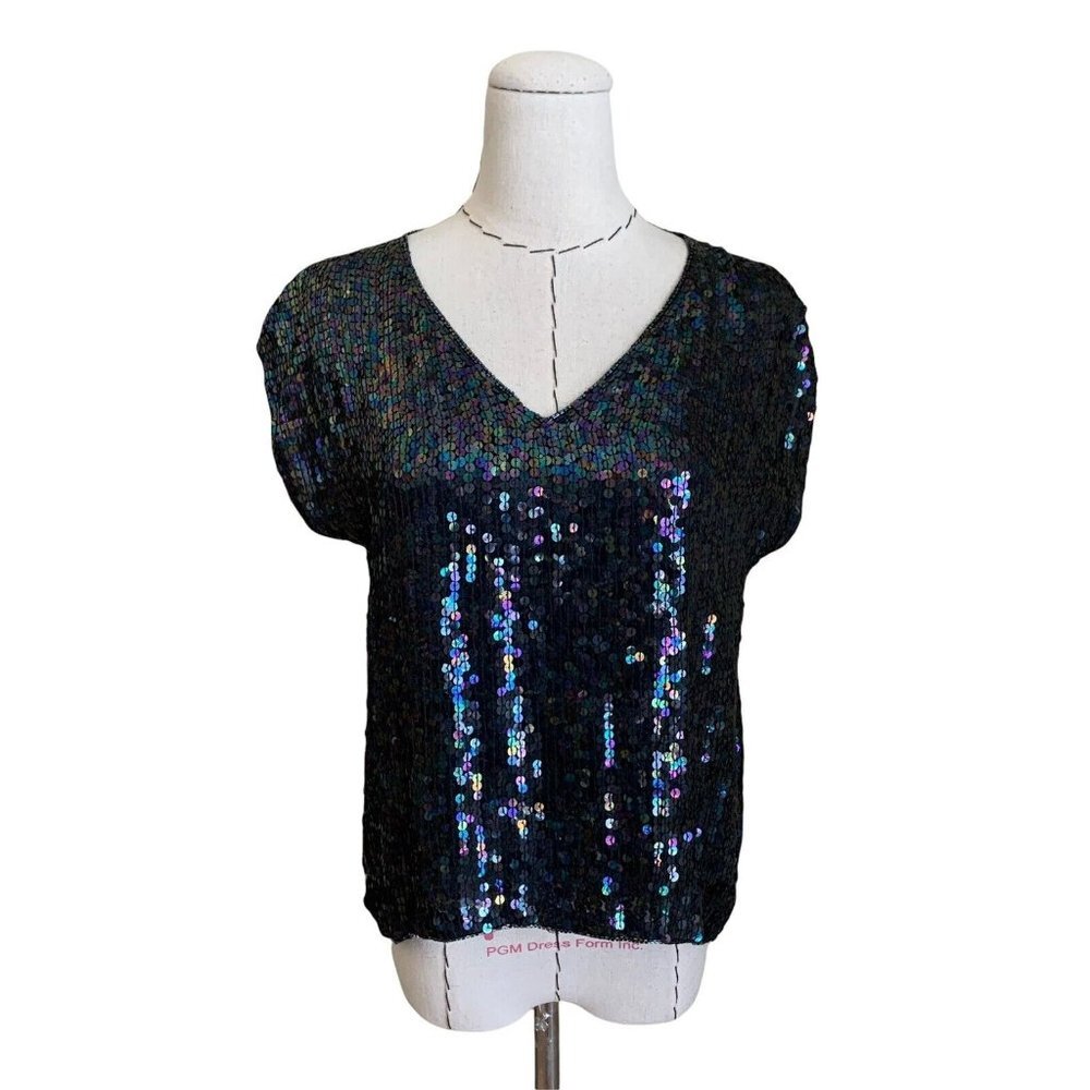Vintage 80s Silk Sequin Bead Iridescent Rina C. Evening Party Blouse Top Disco